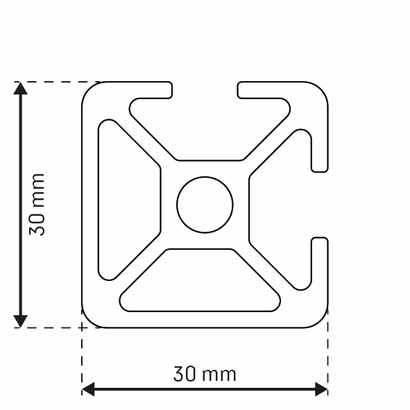 Alu - Profil AVP-I 8 Leicht 30 x 30 mm, Nut 8 mm, 2 Nuten geschlossen 90°