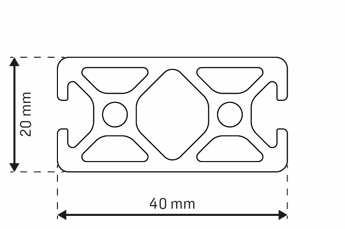 Alu - Profil AVP-I 5 Leicht 40 x 20 mm, 4 Nuten geschlossen 180°, Nut 5 mm