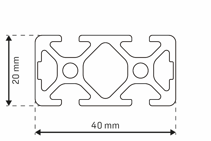 Alu - Profil AVP-I 5 Leicht 40 x 20 mm, 2 Nuten geschlossen 180°, Nut 5 mm