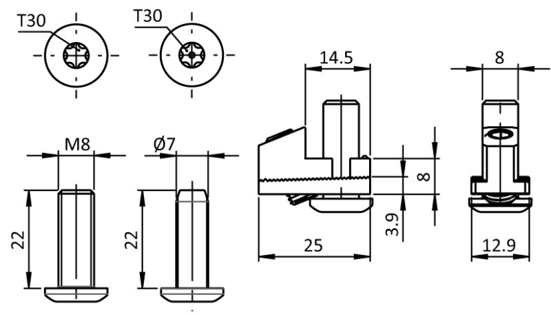Profilverbinder 90° I, Nut 8, selbstf. Schraube (SET)