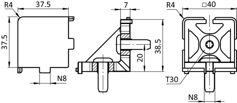 Eckverbinder 40, 2D mit Kabeldurchführung (SET)